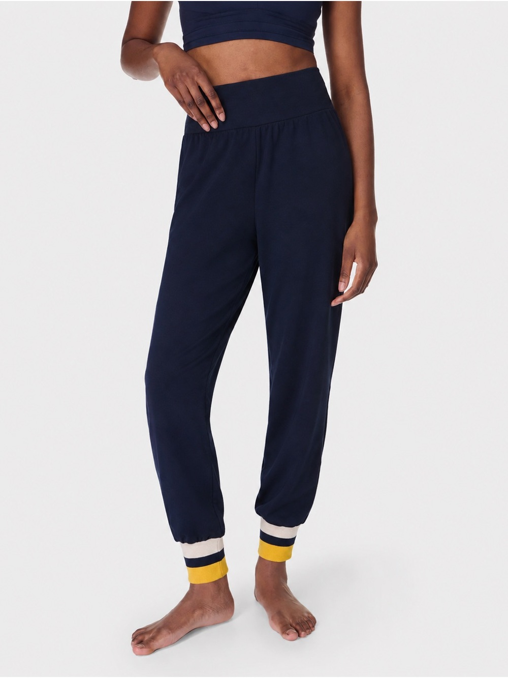 Women's Navy Jogger Pants with Striped Ankle Cuffs- Sweaty Betty